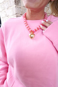 Pink Beaded Heart Charm Necklace – Gold Pendant Statement Jewelry - Anderson Ave boutique