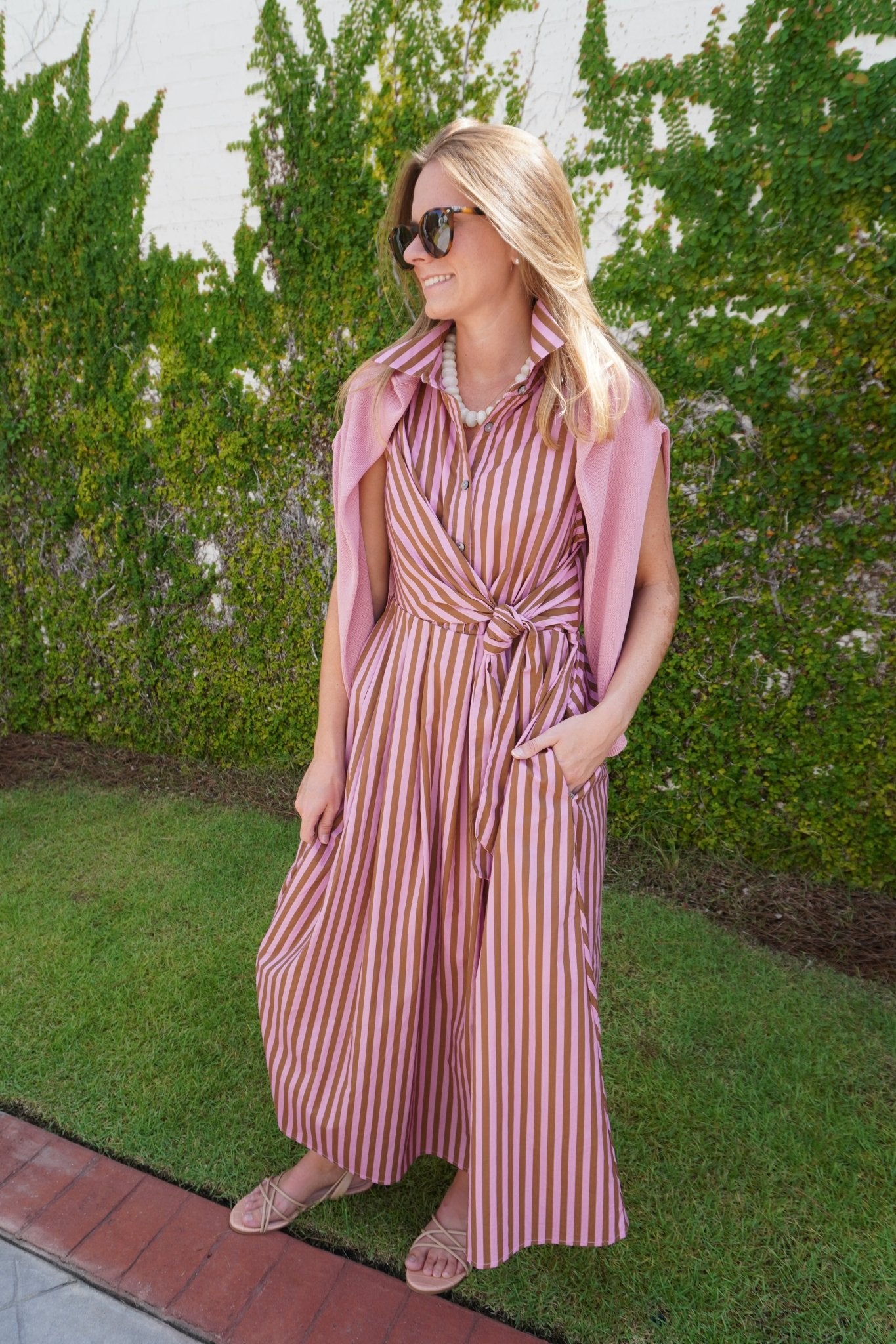 Pink & Brown Striped Tie Waist Midi Dress - Anderson Ave boutique