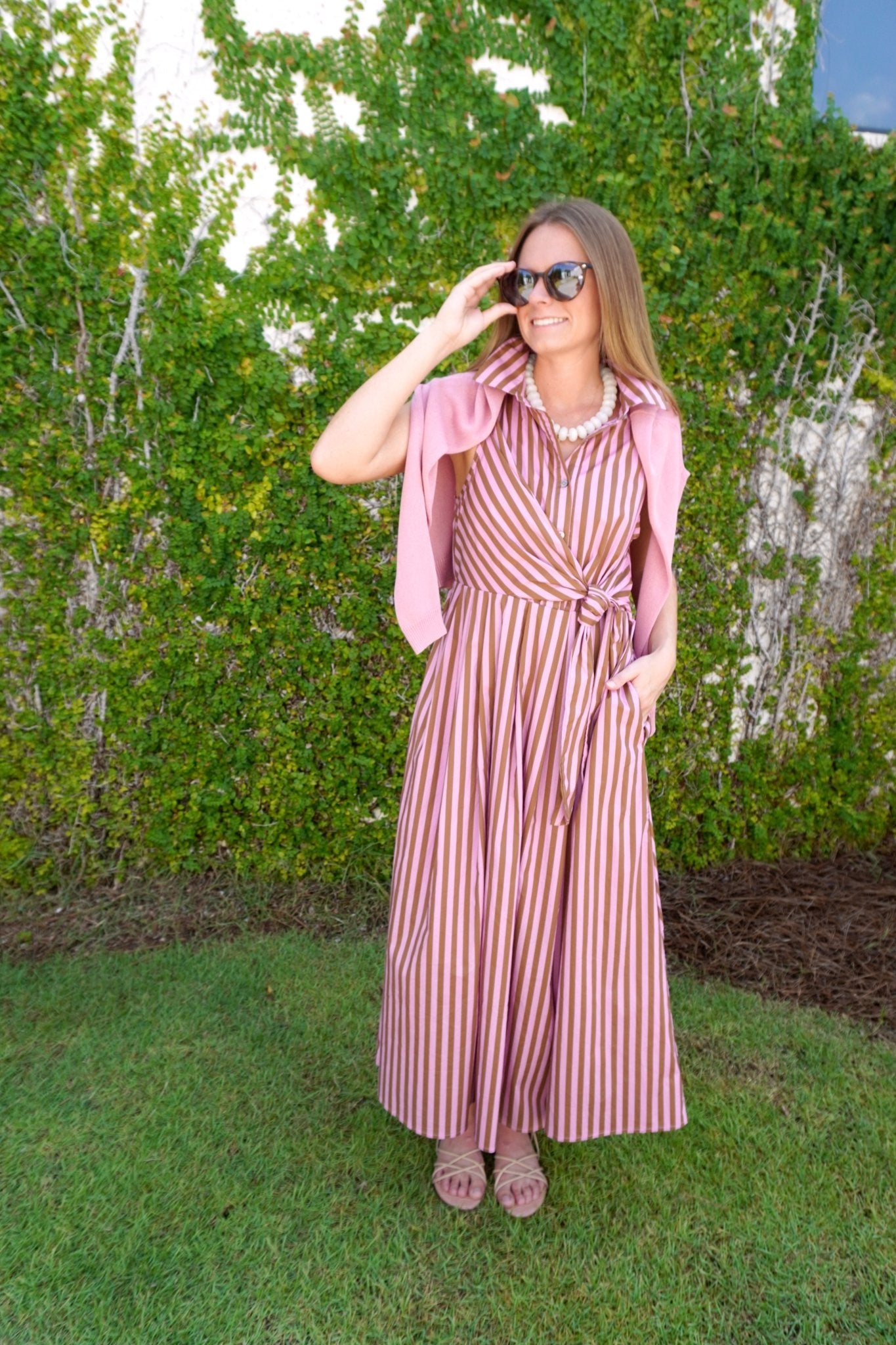 Pink & Brown Striped Tie Waist Midi Dress - Anderson Ave boutique