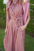 Pink & Brown Striped Tie Waist Midi Dress - Anderson Ave boutique