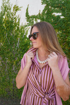 Pink & Brown Striped Tie Waist Midi Dress - Anderson Ave boutique