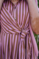 Pink & Brown Striped Tie Waist Midi Dress - Anderson Ave boutique