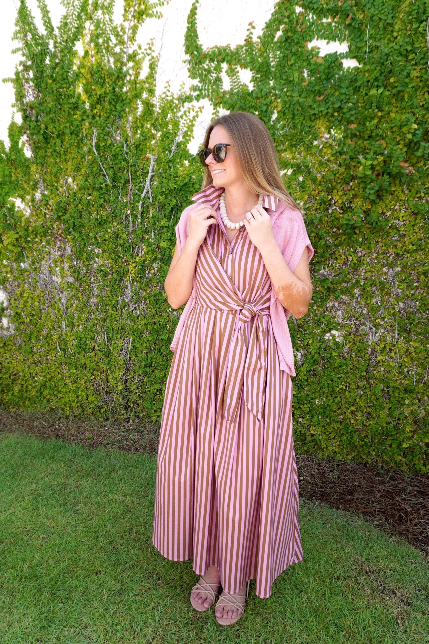 Pink & Brown Striped Tie Waist Midi Dress - Anderson Ave boutique