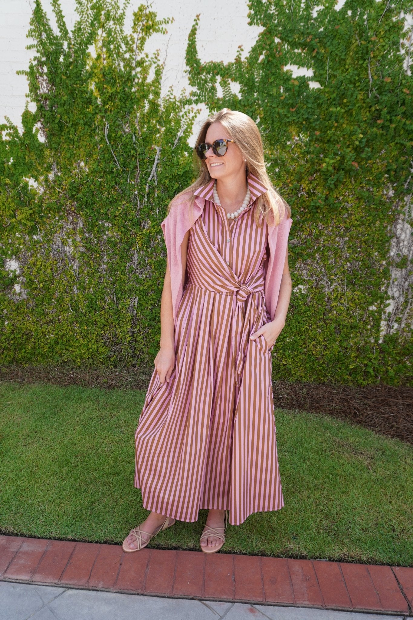 Pink & Brown Striped Tie Waist Midi Dress - Anderson Ave boutique