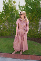 Pink & Brown Striped Tie Waist Midi Dress - Anderson Ave boutique