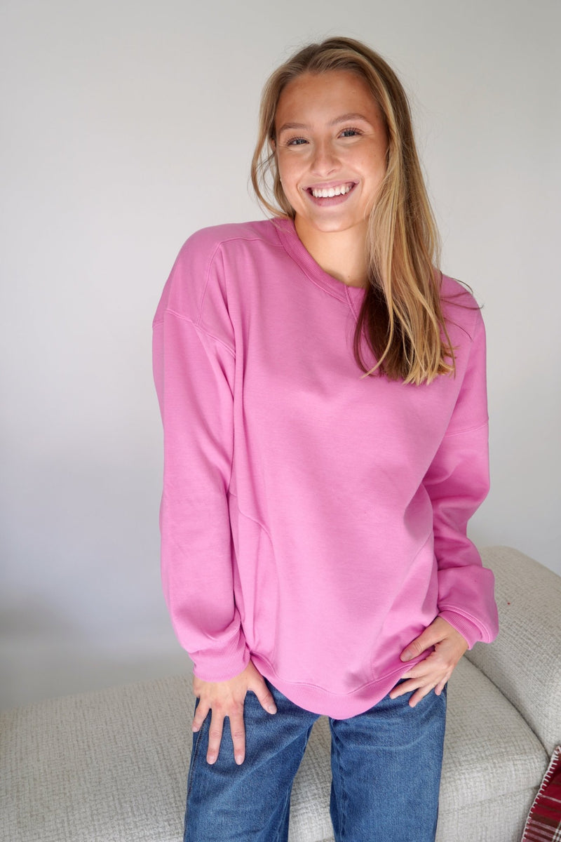 Pink Chloe Bright Pink Classic Crew Sweatshirt – Soft Everyday Pullover - Anderson Ave boutique