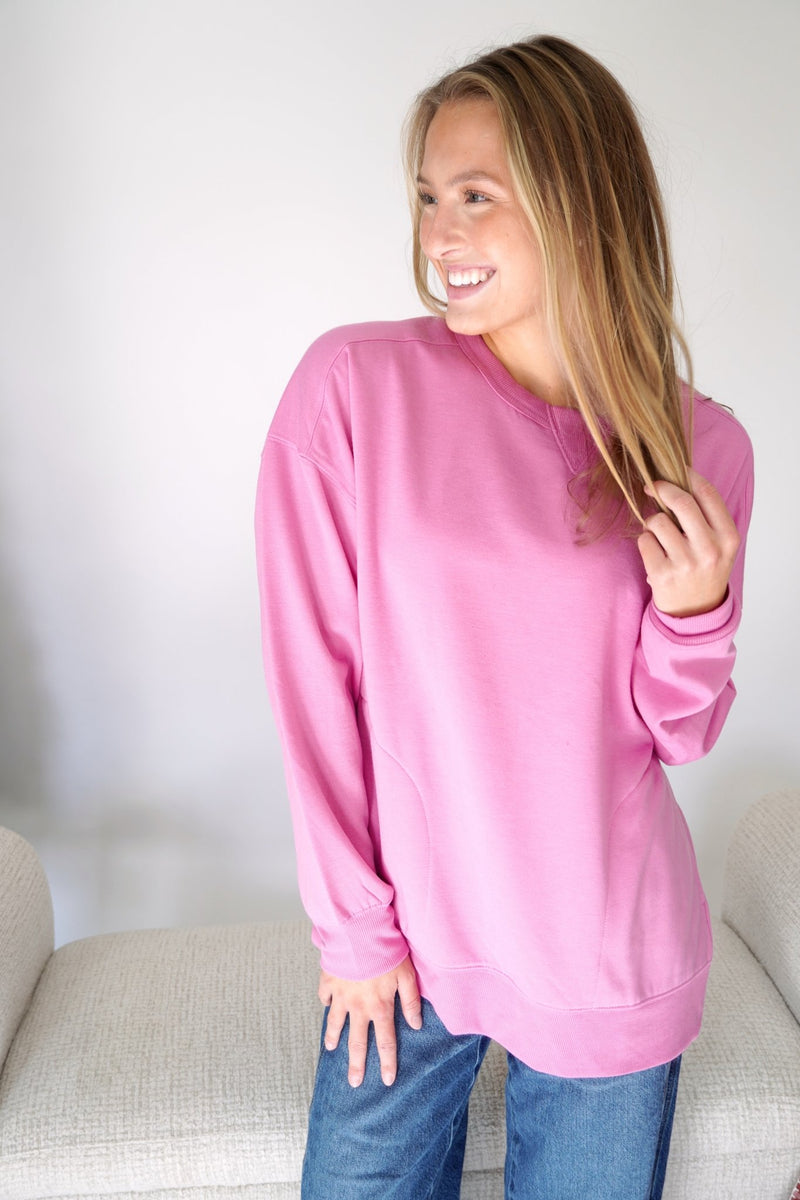 Pink Chloe Bright Pink Classic Crew Sweatshirt – Soft Everyday Pullover - Anderson Ave boutique