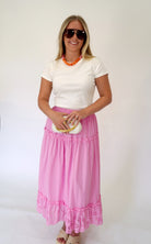 Pink Cotton Eyelet Tiered Maxi Skirt - Anderson Ave boutique