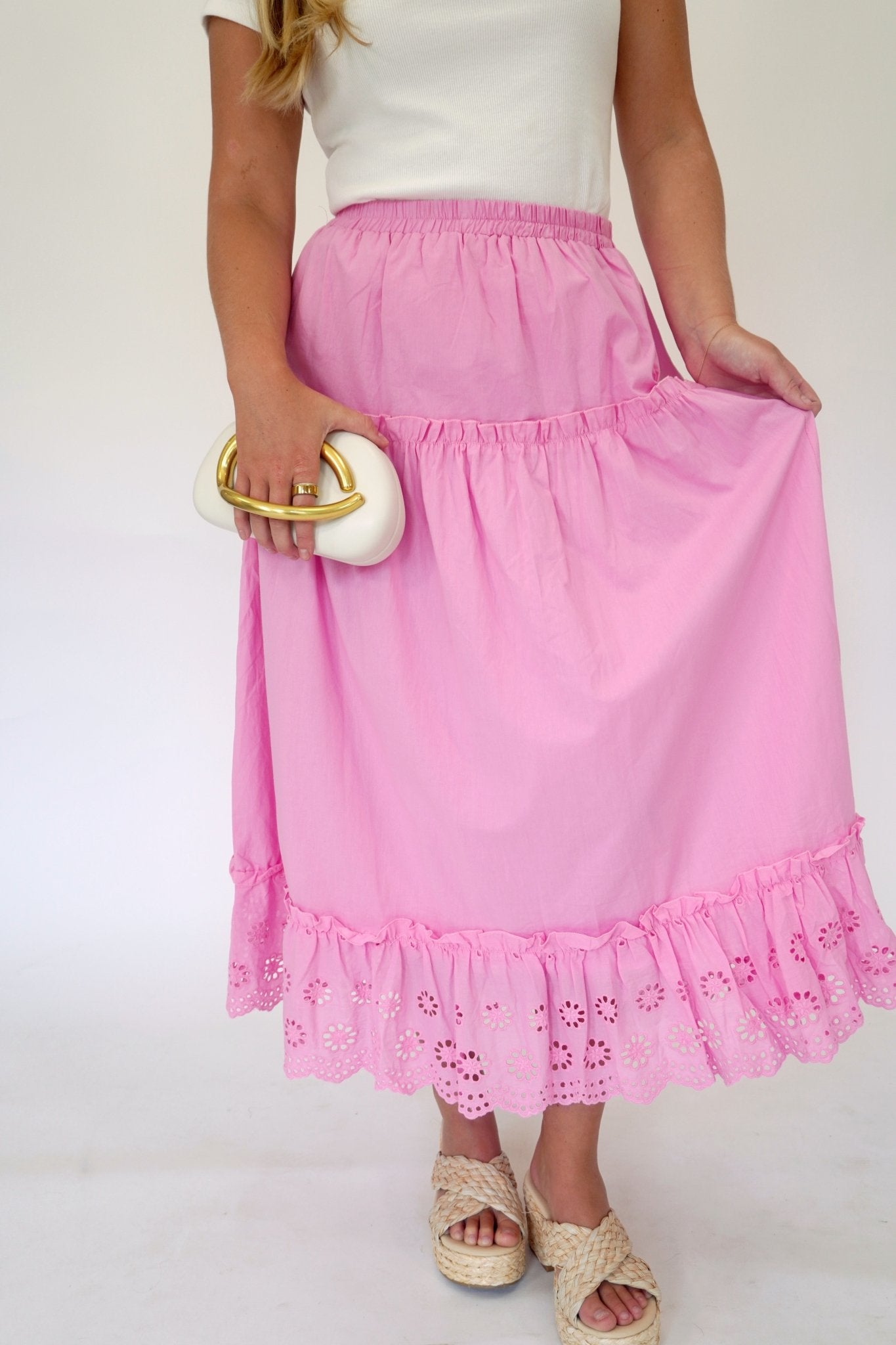 Pink Cotton Eyelet Tiered Maxi Skirt - Anderson Ave boutique