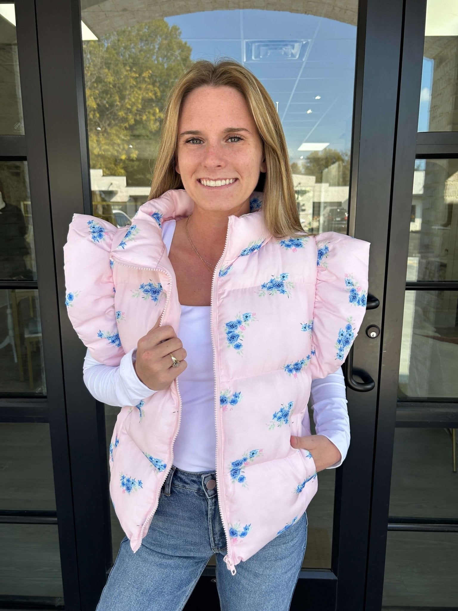 Pink Floral Ruffle Puffer Vest - Pink - Anderson Ave boutique
