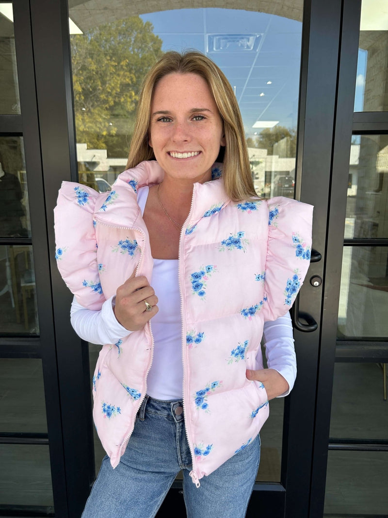 Pink Floral Ruffle Puffer Vest - Pink - Anderson Ave boutique