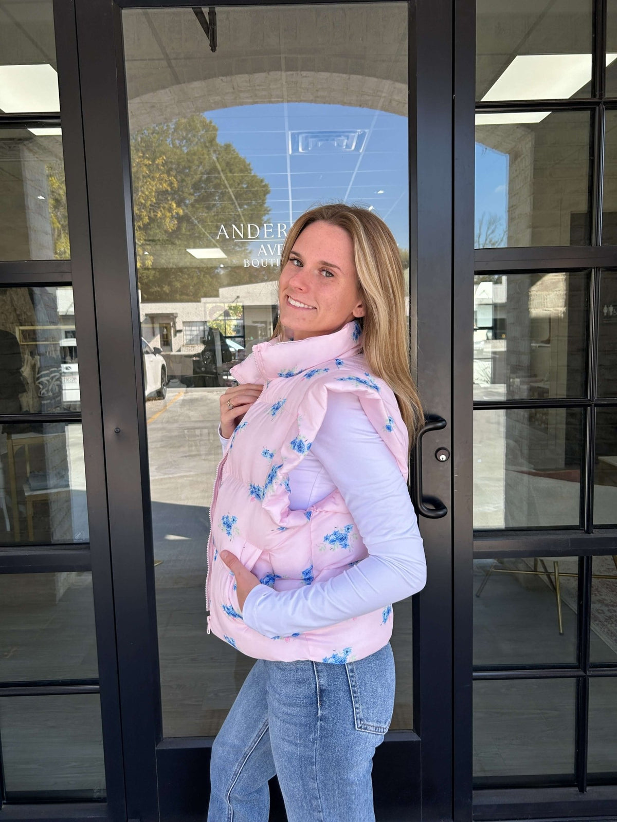 Pink Floral Ruffle Puffer Vest - Pink - Anderson Ave boutique