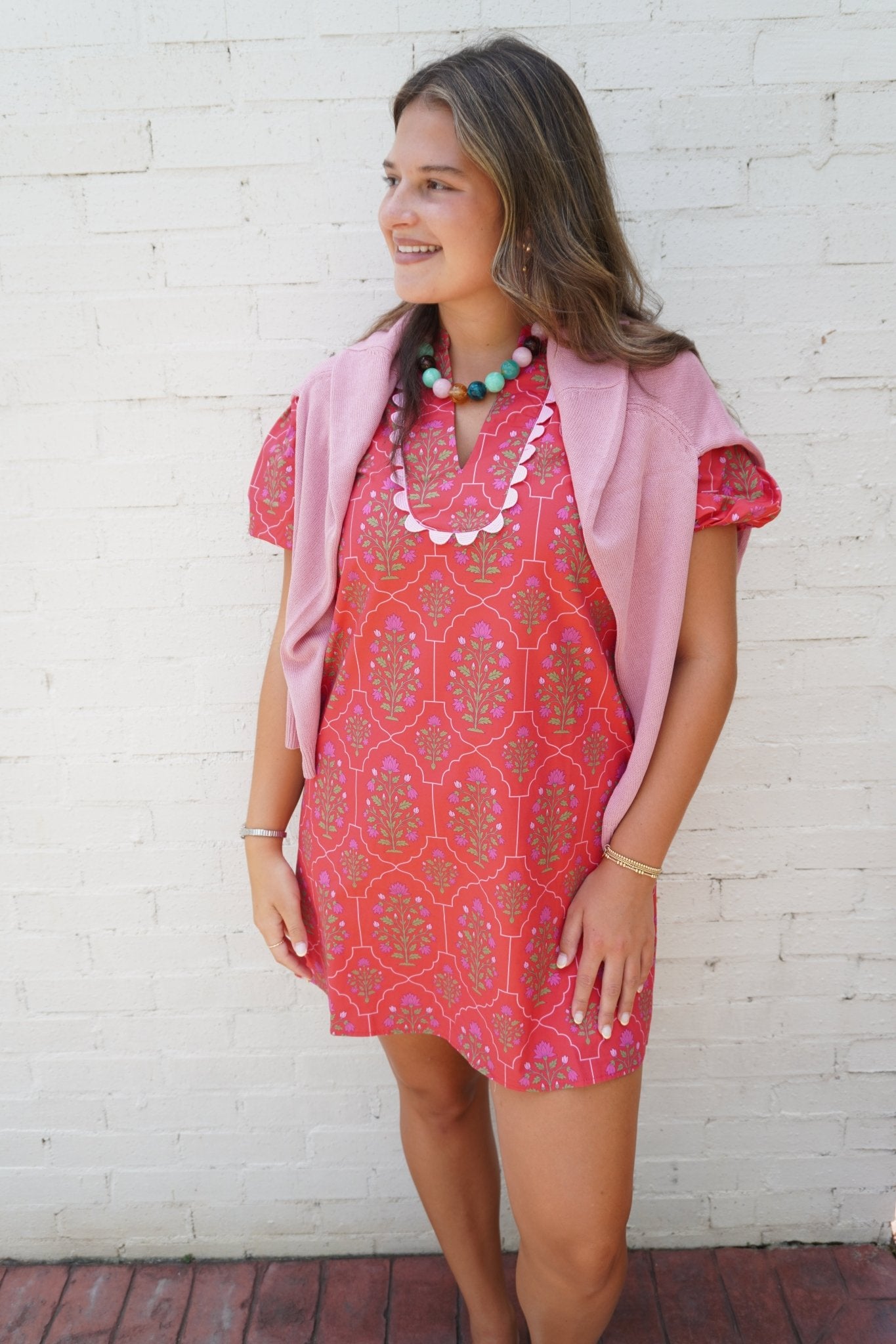 Pink Floral Scallop Trim Mini Dress - Anderson Ave boutique