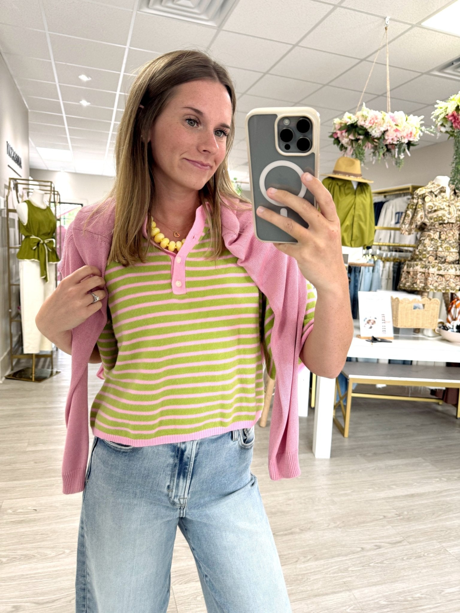 Pink & Sage Striped Henley Knit Top - Anderson Ave boutique