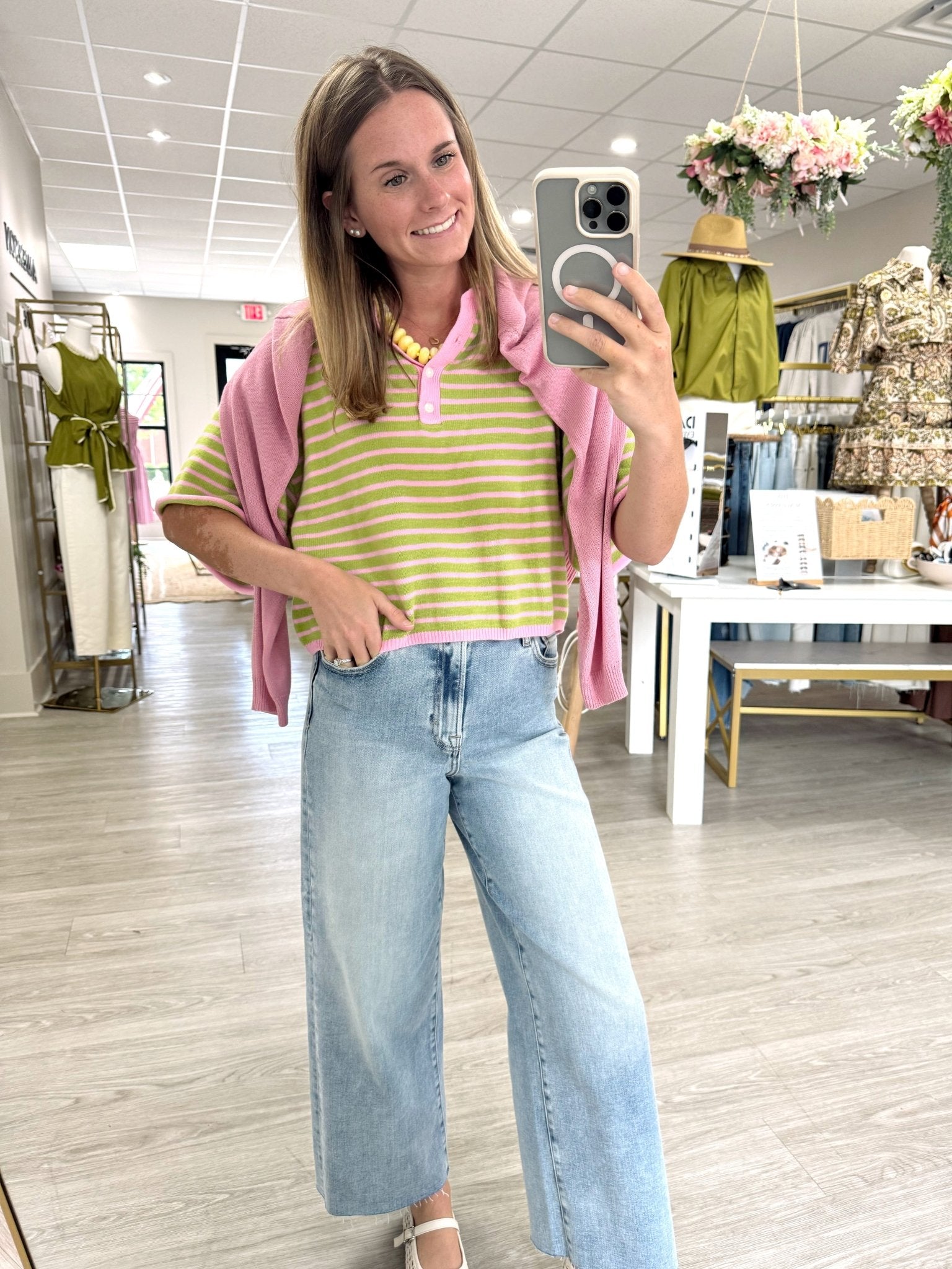 Pink & Sage Striped Henley Knit Top - Anderson Ave boutique