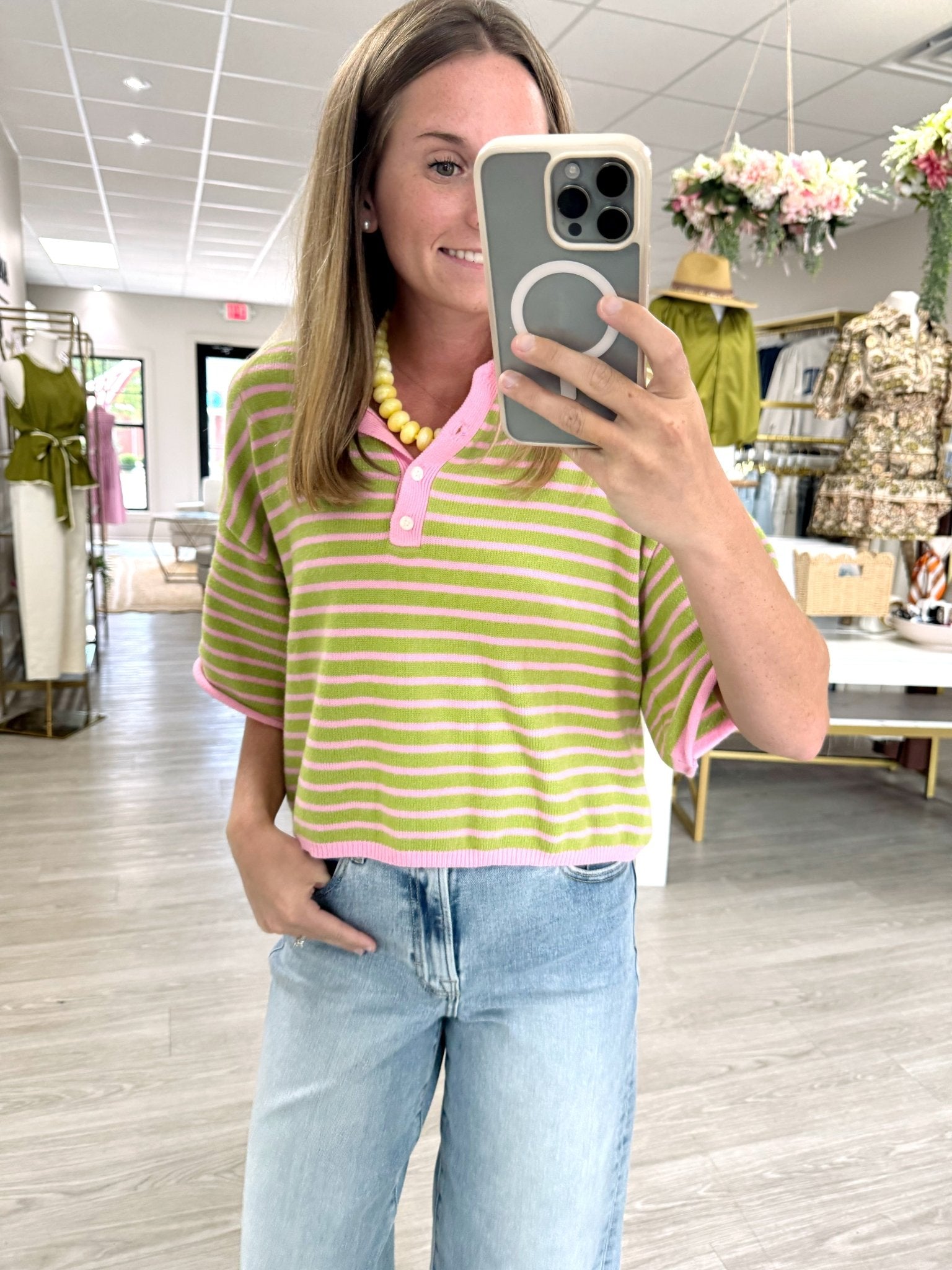 Pink & Sage Striped Henley Knit Top - Anderson Ave boutique