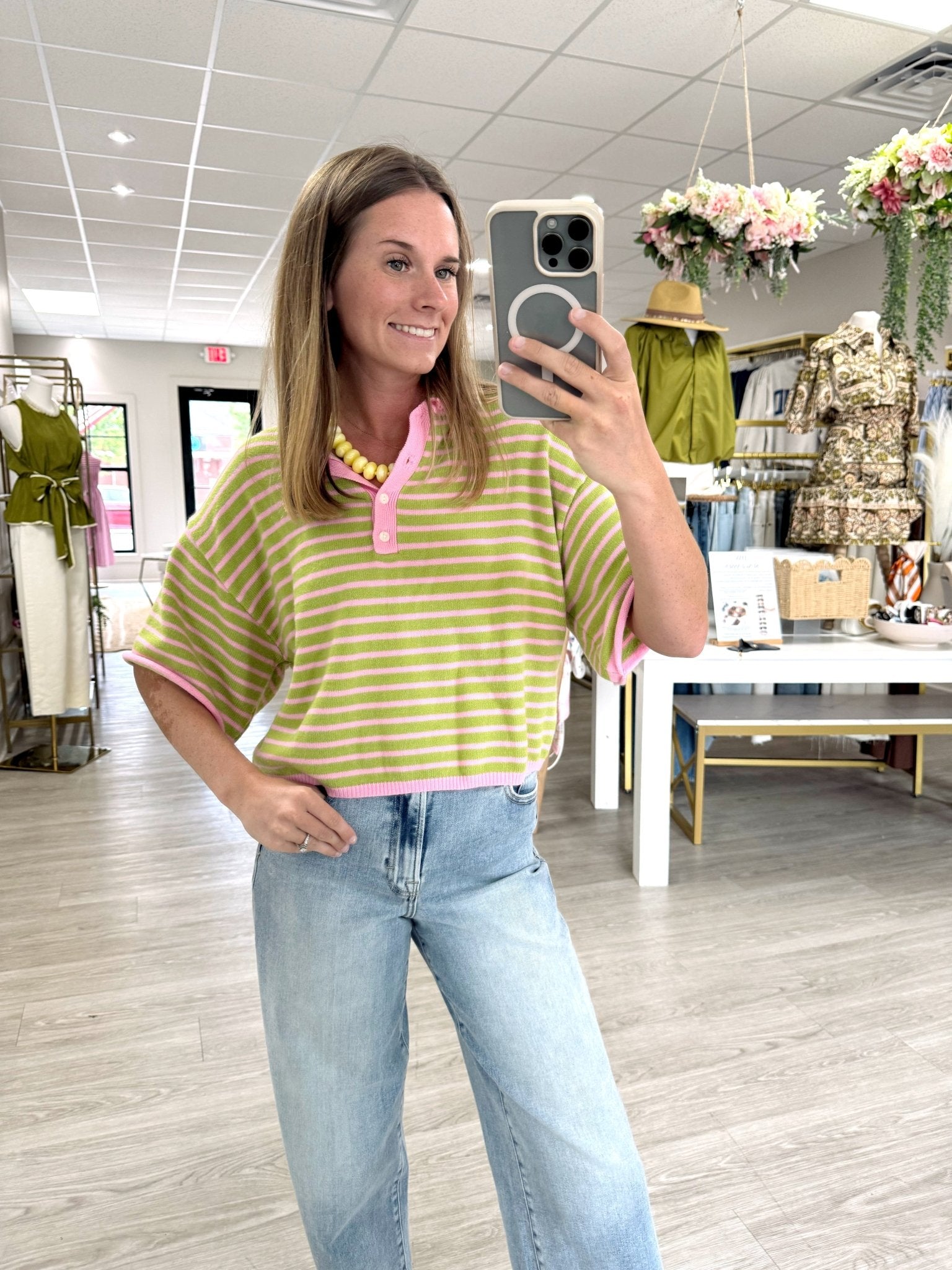 Pink & Sage Striped Henley Knit Top - Anderson Ave boutique