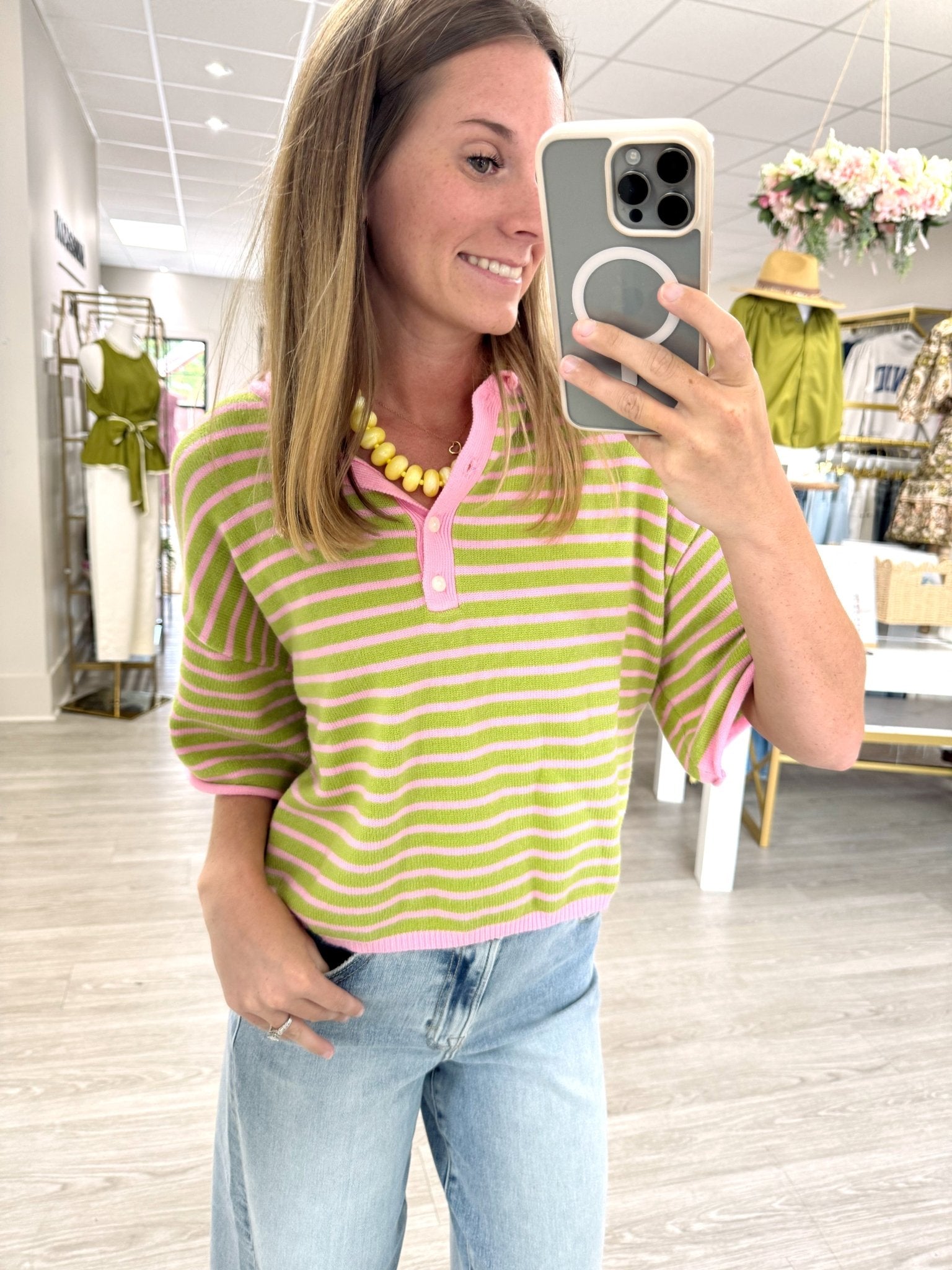 Pink & Sage Striped Henley Knit Top - Anderson Ave boutique