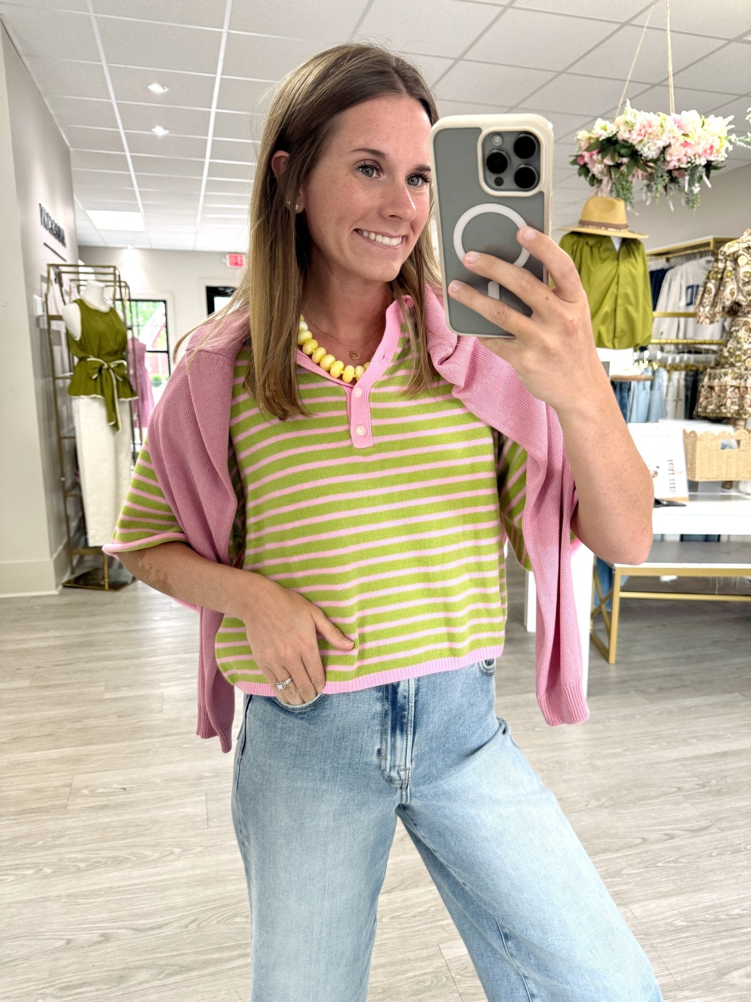 Pink & Sage Striped Henley Knit Top - Anderson Ave boutique