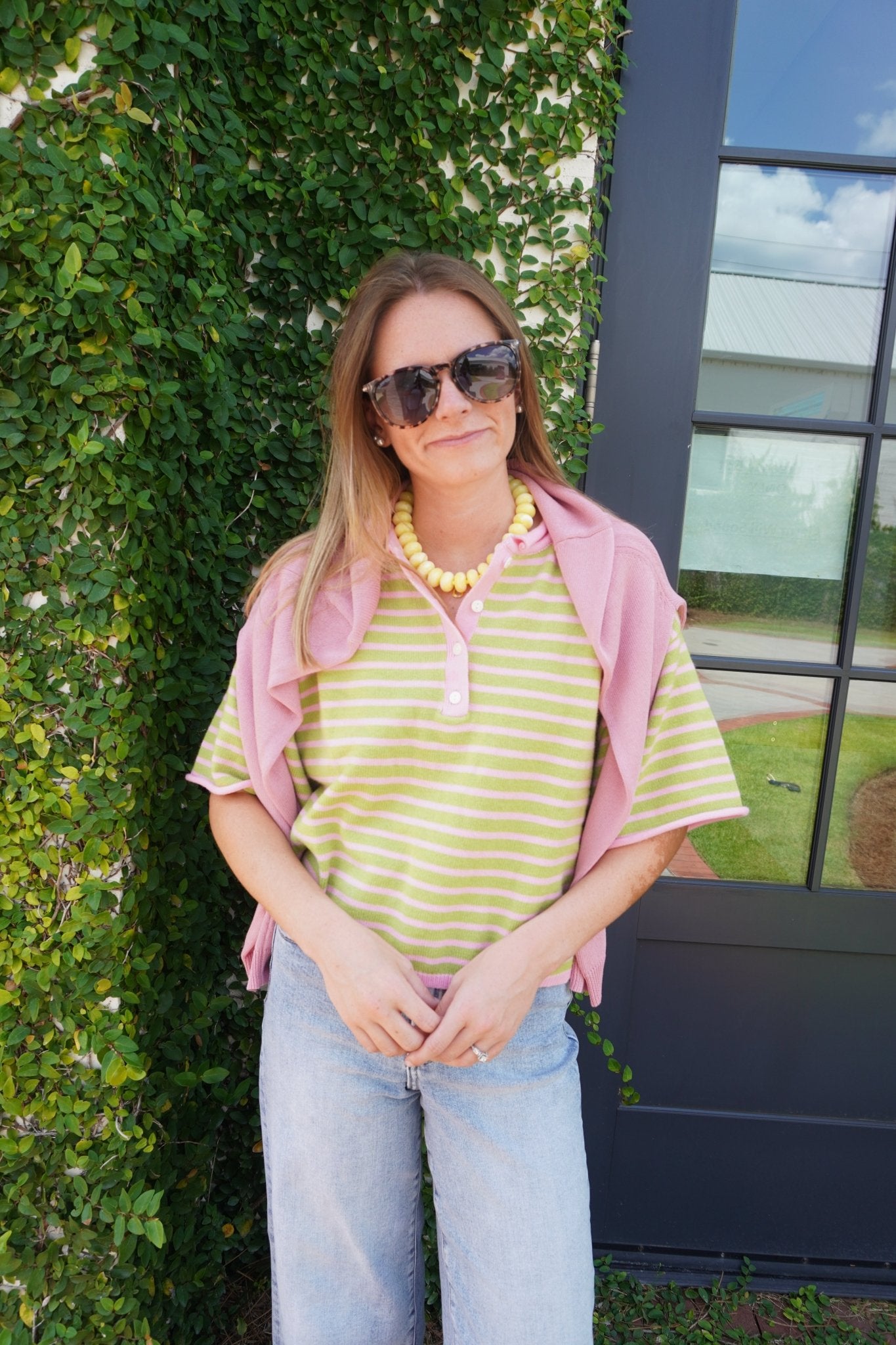 Pink & Sage Striped Henley Knit Top - Anderson Ave boutique