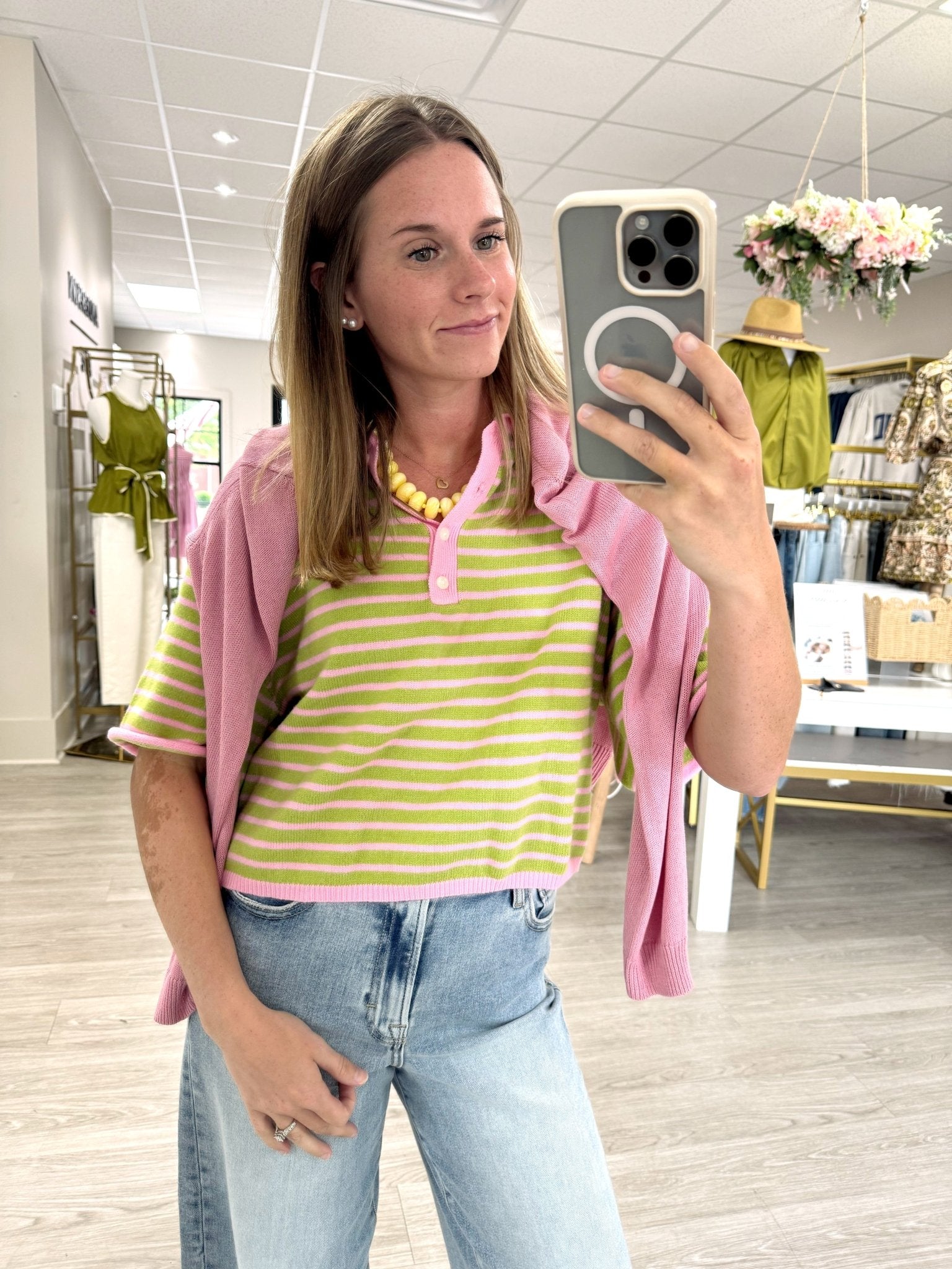 Pink & Sage Striped Henley Knit Top - Anderson Ave boutique