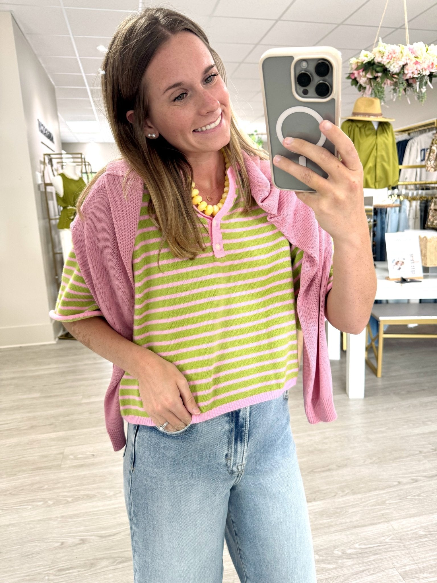 Pink & Sage Striped Henley Knit Top - Anderson Ave boutique