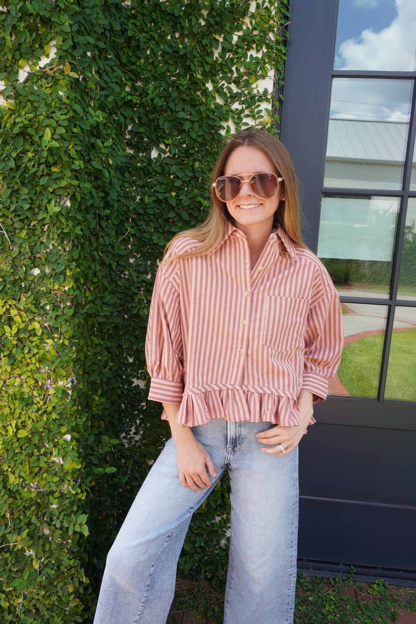 Pink Striped Ruffle Hem Blouse - Anderson Ave boutique