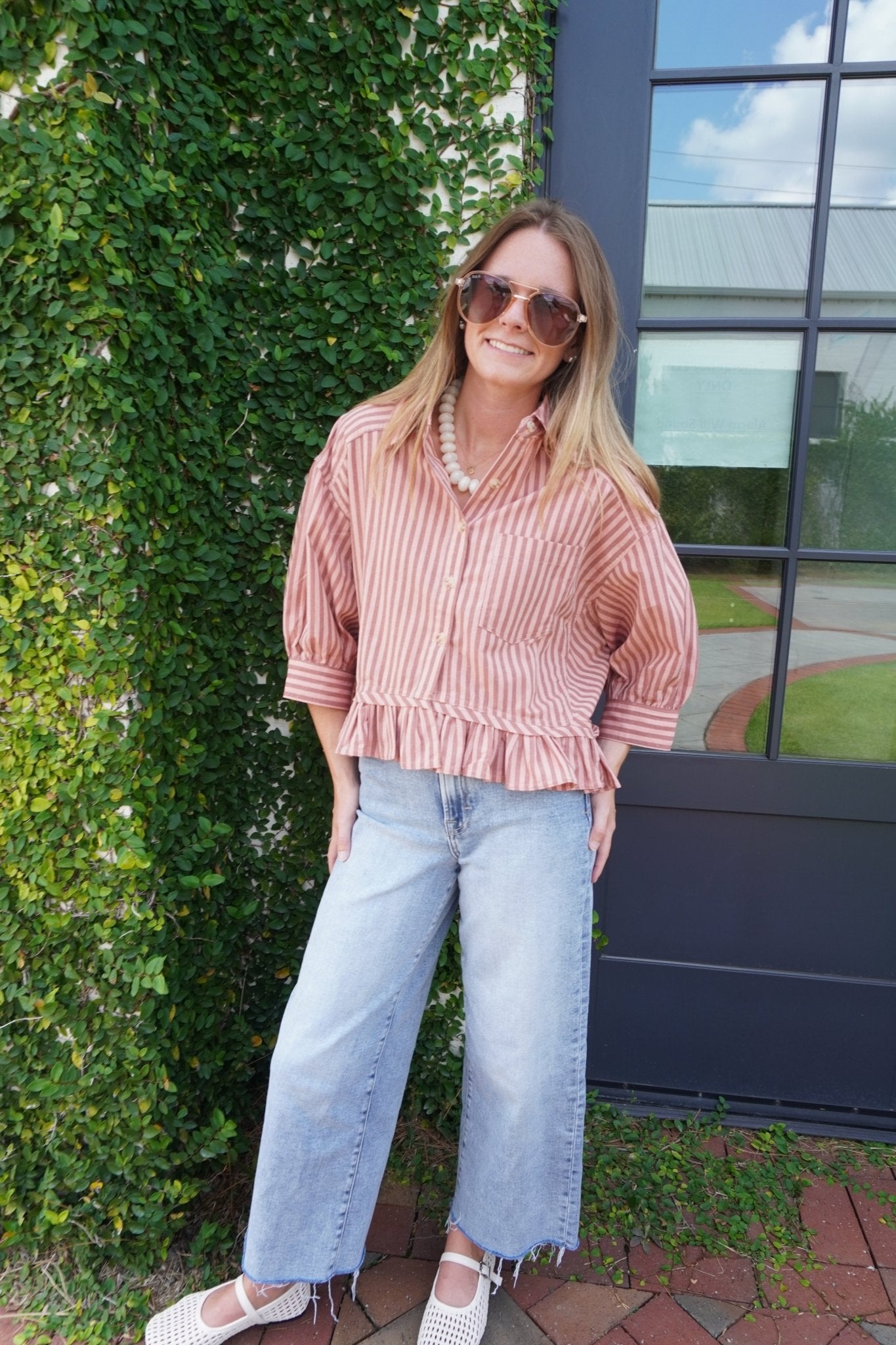Pink Striped Ruffle Hem Blouse - Anderson Ave boutique