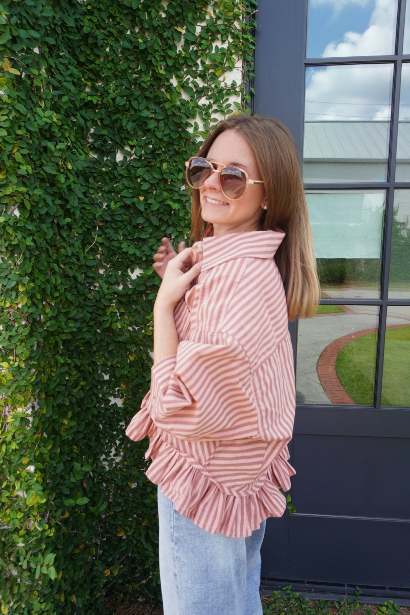 Pink Striped Ruffle Hem Blouse - Anderson Ave boutique