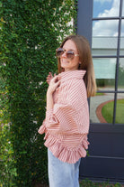 Pink Striped Ruffle Hem Blouse - Anderson Ave boutique