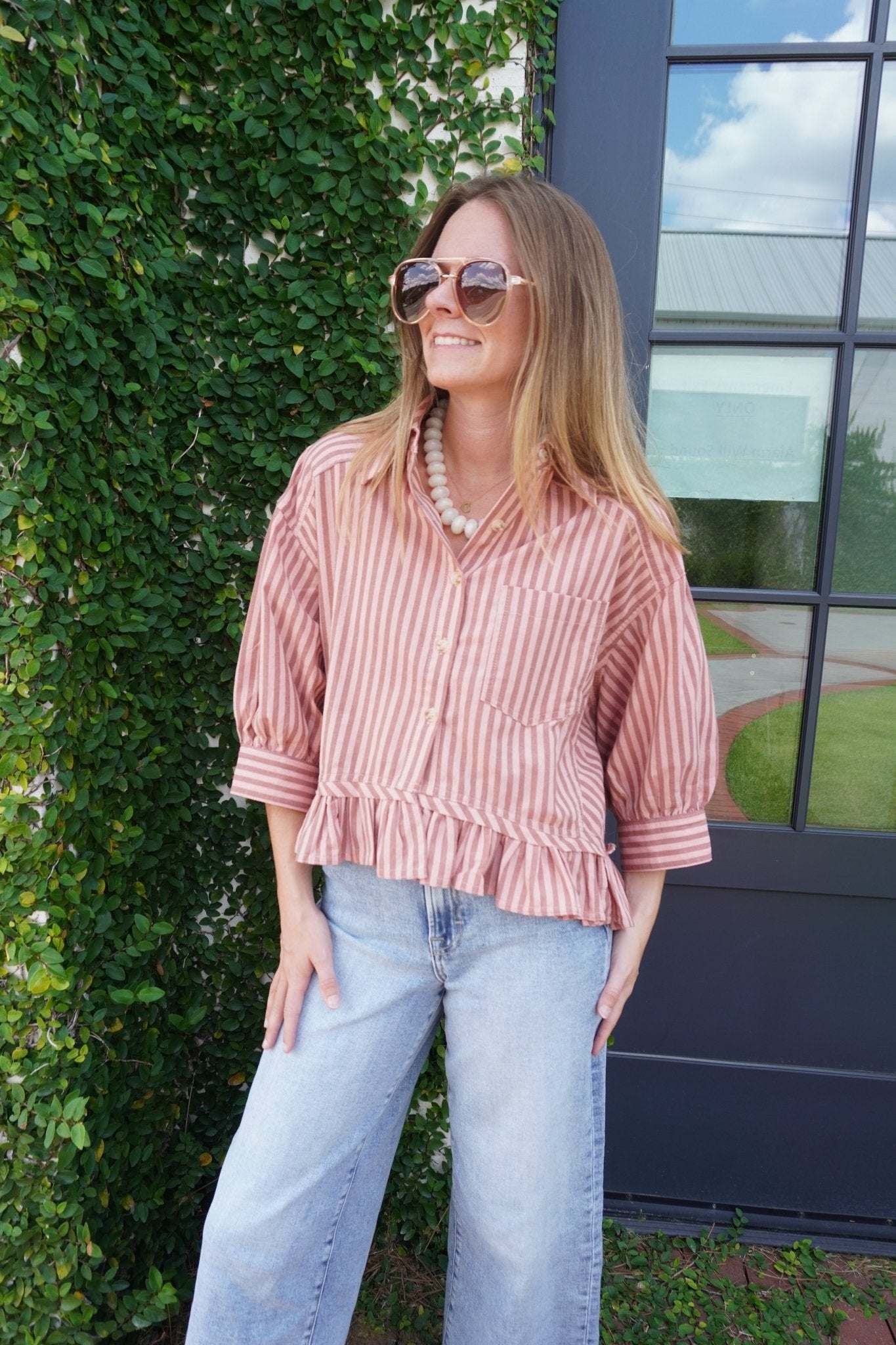 Pink Striped Ruffle Hem Blouse - Anderson Ave boutique
