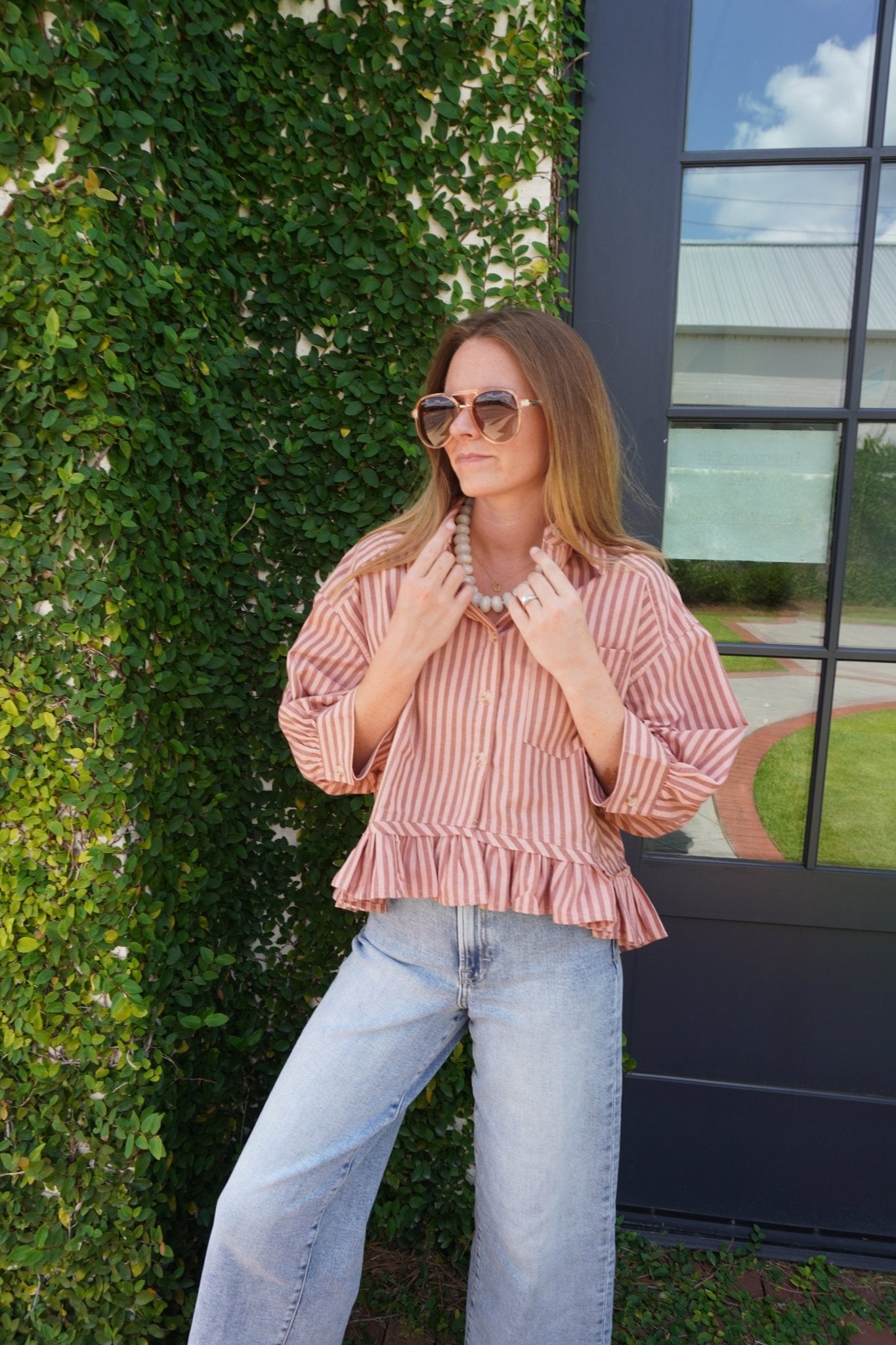 Pink Striped Ruffle Hem Blouse - Anderson Ave boutique
