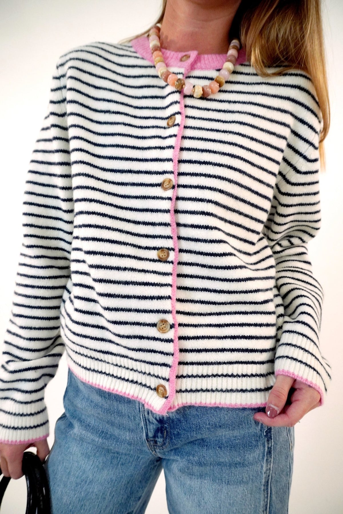 Pink Trim Striped Cardigan - Anderson Ave boutique