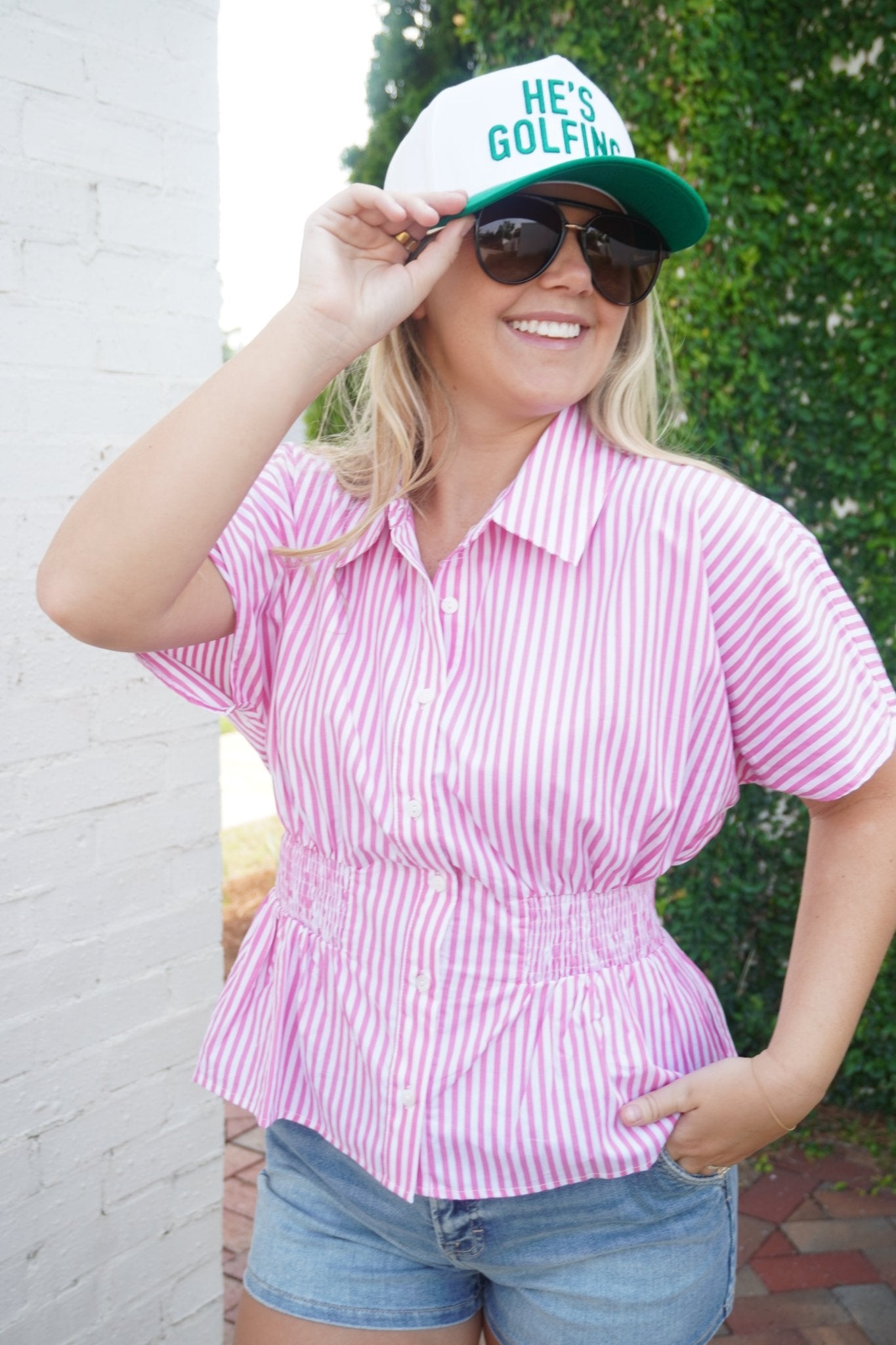 Pink & White Striped Smocked Waist Dolman Sleeve Top - Anderson Ave boutique