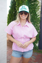 Pink & White Striped Smocked Waist Dolman Sleeve Top - Anderson Ave boutique