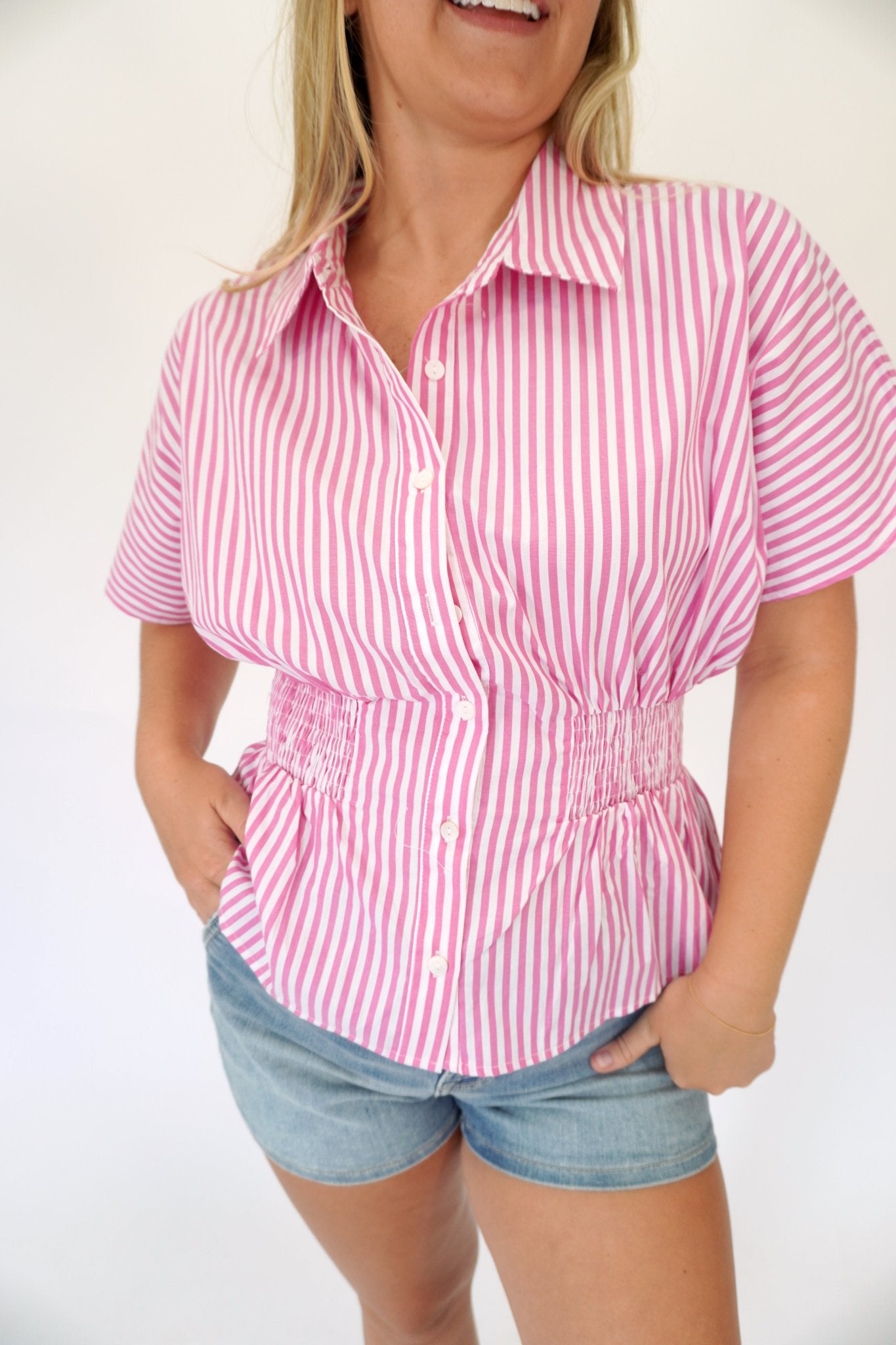Pink & White Striped Smocked Waist Dolman Sleeve Top - Anderson Ave boutique