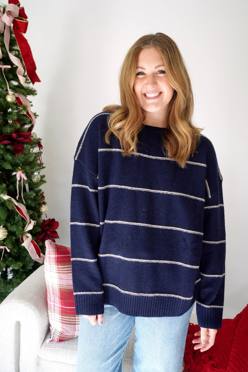 Pinstripe Oversized Knit Sweater - Navy - Anderson Ave boutique