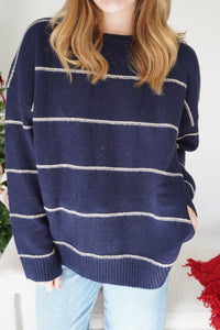 Pinstripe Oversized Knit Sweater - Navy - Anderson Ave boutique