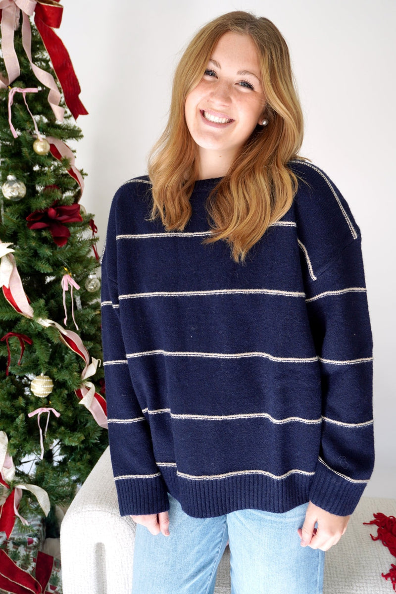 Pinstripe Oversized Knit Sweater - Navy - Anderson Ave boutique