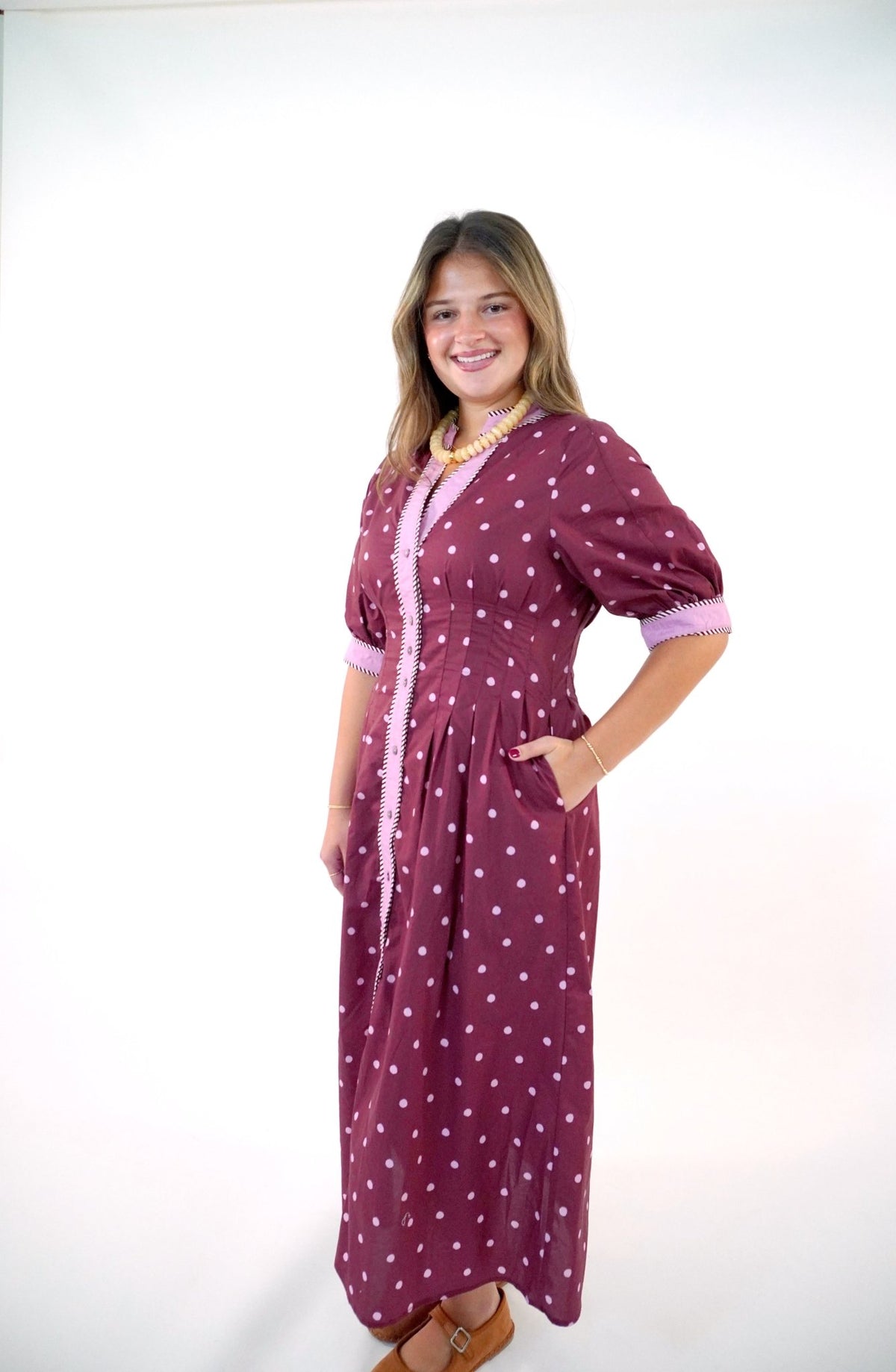 Polka Dot Contrast Trim Midi Dress In Burgundy - Anderson Ave boutique