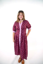 Polka Dot Contrast Trim Midi Dress In Burgundy - Anderson Ave boutique