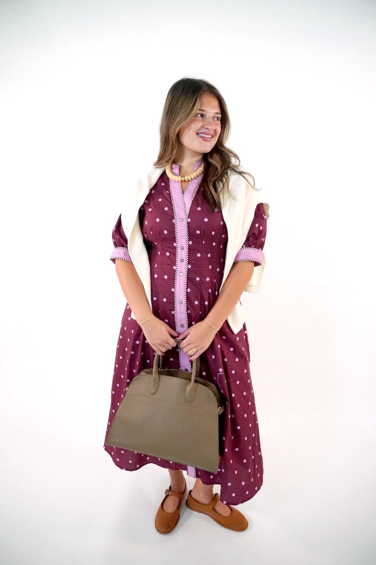 Polka Dot Contrast Trim Midi Dress In Burgundy - Anderson Ave boutique