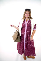 Polka Dot Contrast Trim Midi Dress In Burgundy - Anderson Ave boutique