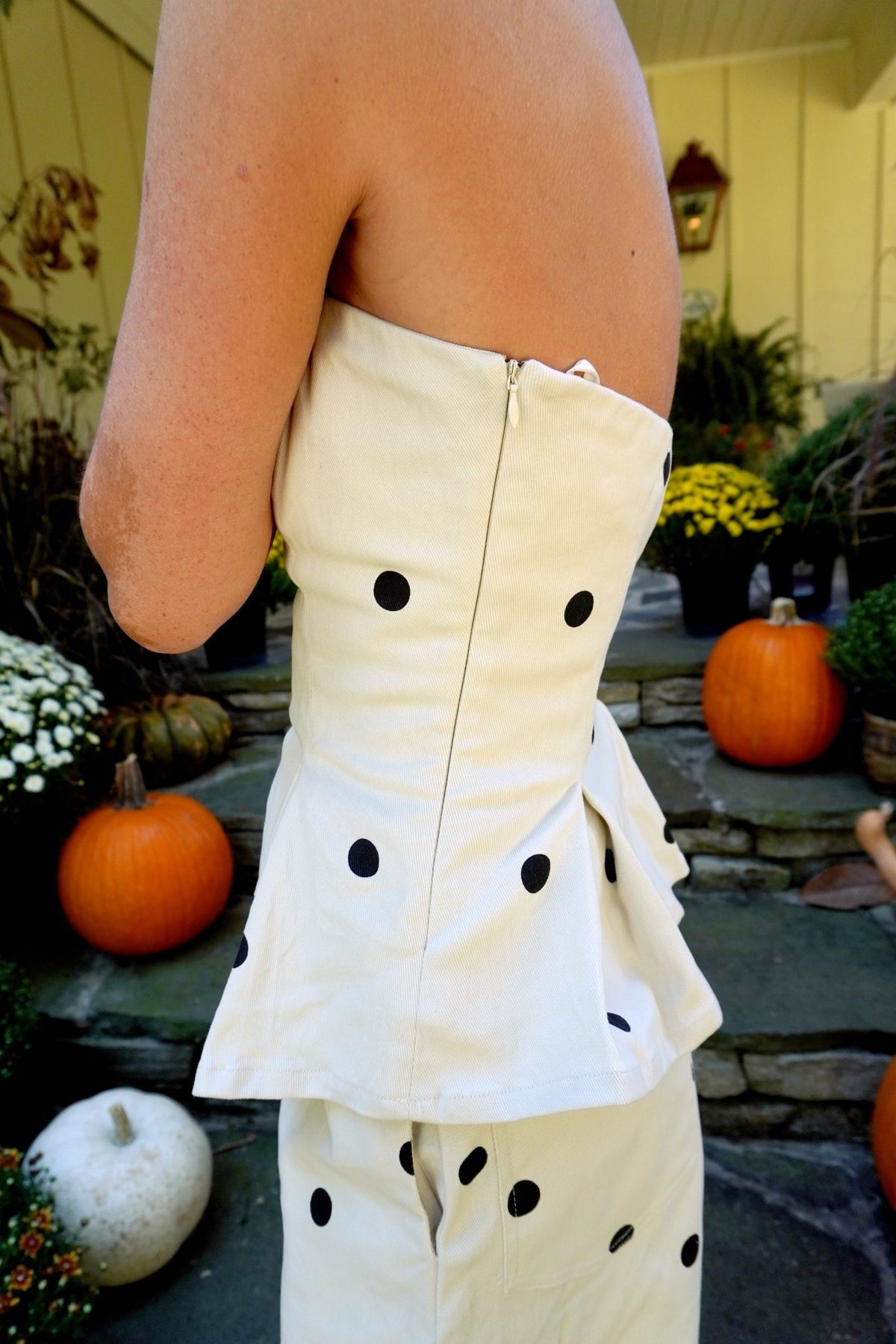 Polka Dot Peplum Strapless Top - Cream And Black - Anderson Ave boutique