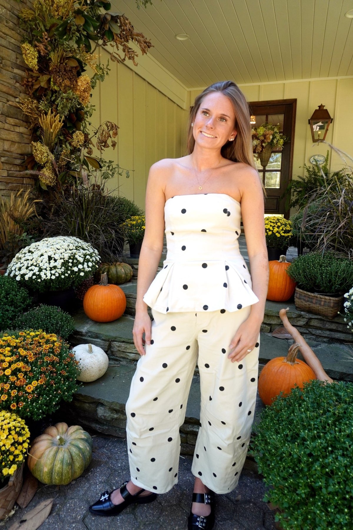 Polka Dot Peplum Strapless Top - Cream And Black - Anderson Ave boutique