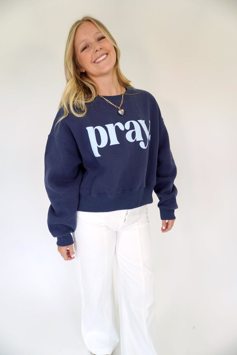 PRAY. Navy Blue Graphic Sweatshirt - Anderson Ave boutique