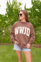 *** PRE- ORDER **. Brown WWJD + AMEN Reversible Mock Neck Sweatshirt - Anderson Ave boutique