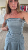 Strapless Denim Romper Dress With Pleats Detail