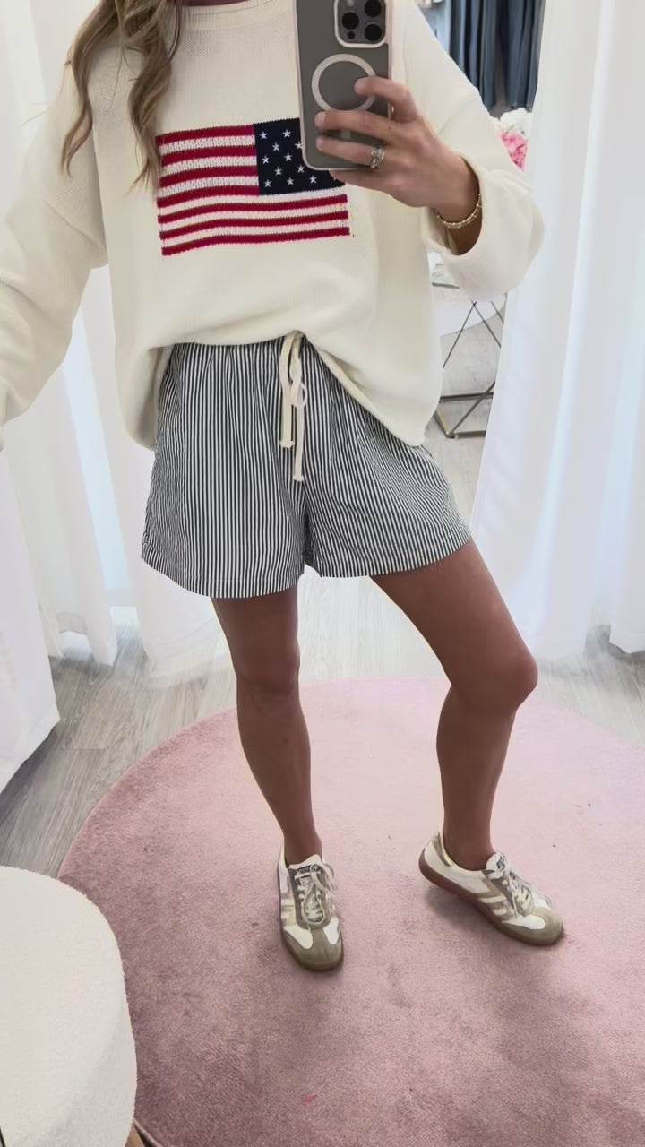 Women’s navy and white striped boxer shorts – Avery Nautical style, comfy lounge fit with elastic and drawstring waist.