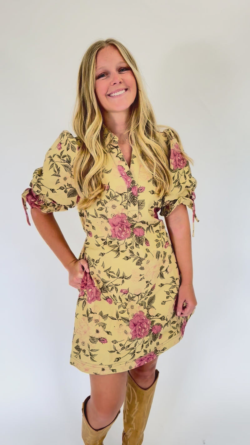 Soft Tan Rose Print Mini Dress